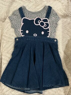 Hello Kitty Denim Pinafore Jumper Skirt with Grey Polka Dot Tee